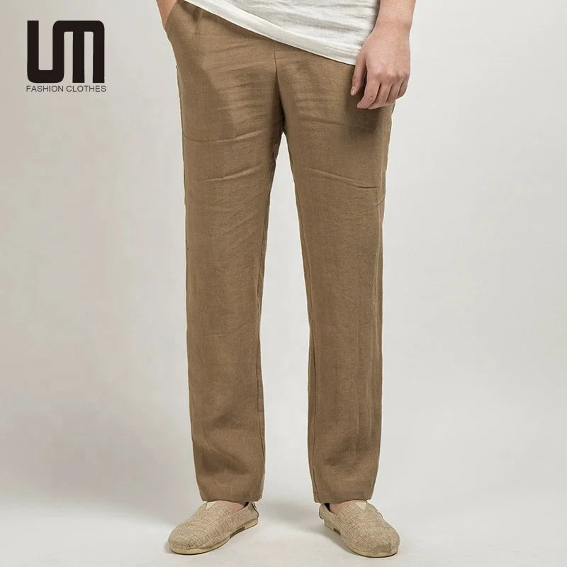 Liu Ming 2025 New Style Baggy Cotton Linen Summer Trousers for Men Casual Straight Pants with Mid Waist