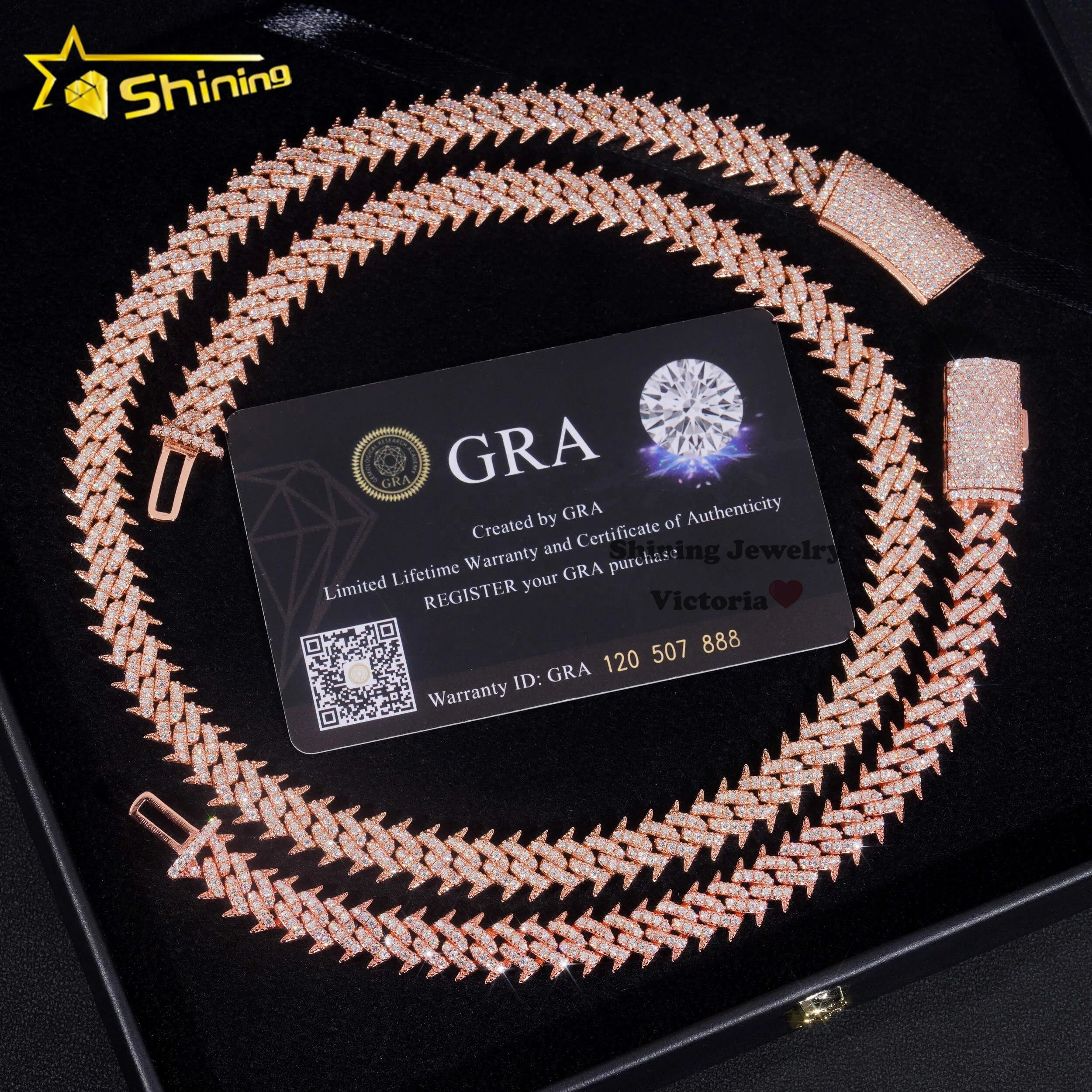 Hot Sale 925 Soild Silver Rose Gold Plated Hip Hop Necklace 10MM VVS Moissanite Diamond Spike Cuban Link Chain