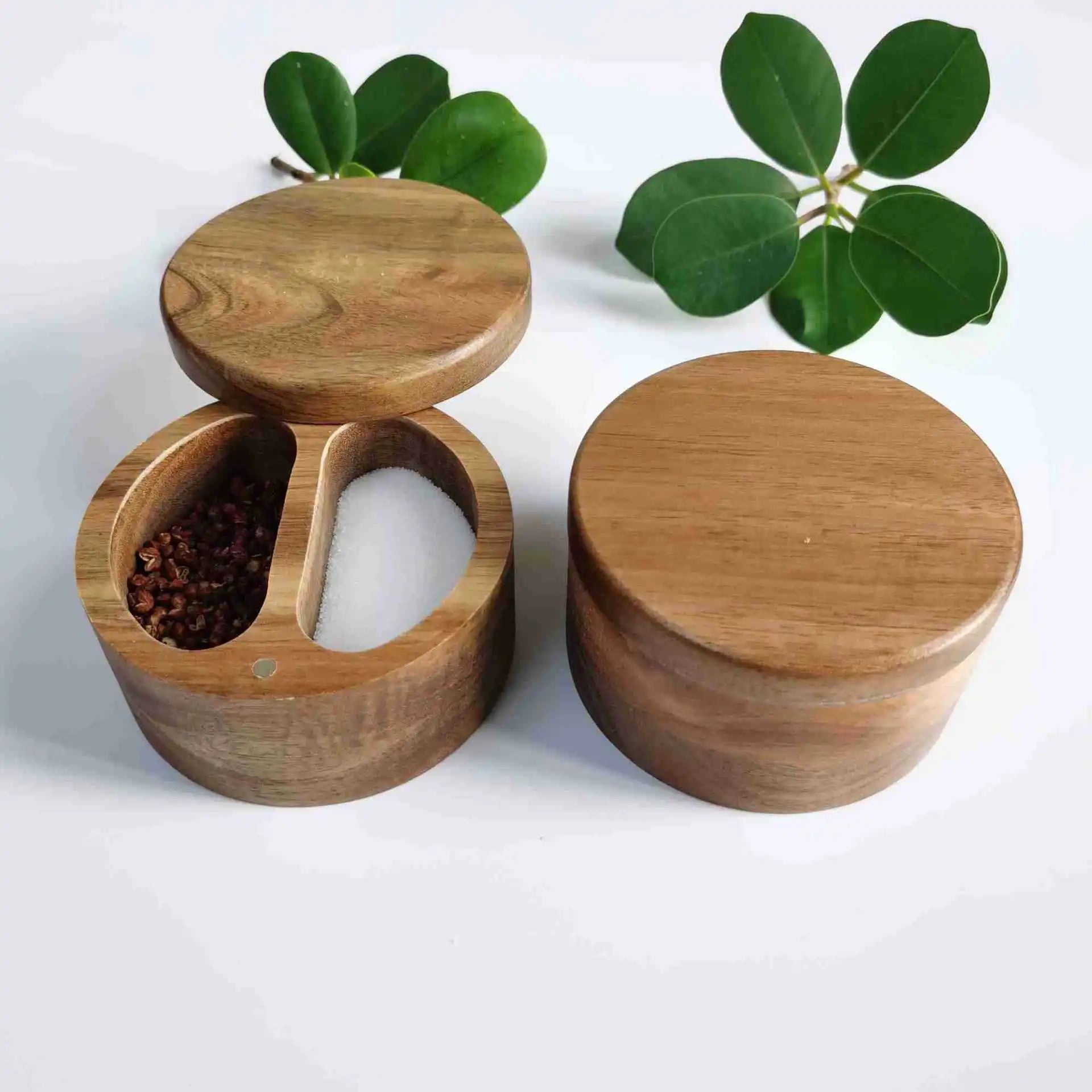 Acacia Wooden 2 Component CompartmentPepper Seasonings Salt Box Sugar Spice Storage Wood Salt Cellar with Magnetic Lids