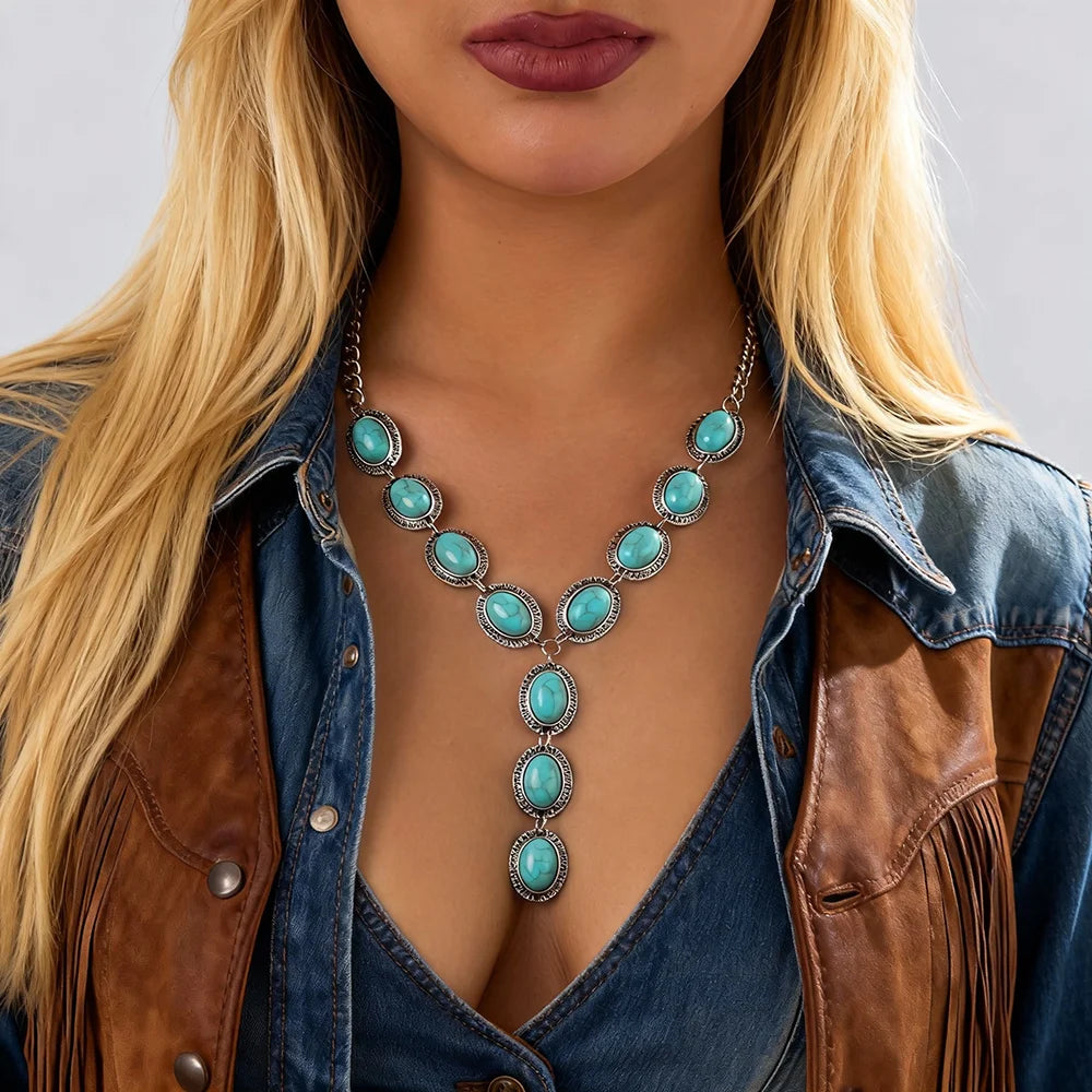 Vintage Design Elliptical Turquoise Pendant Chain Necklace for Women Retro Lady Street Wearing Fashion Jewelry Accessories Gifts