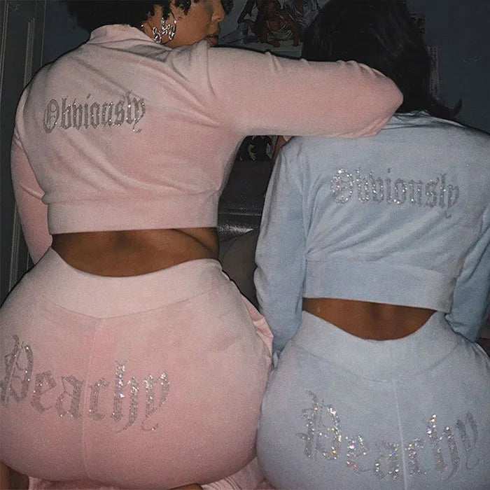Diamond Rhinestones Letter Women's Set 2 Piece Tracksuit Velvet Crop Jacket Tracksuit Joggers Female
