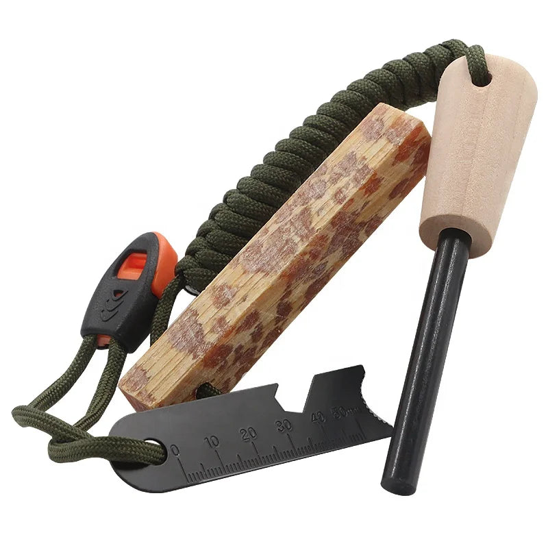 Camping Trekking Backpacking Wooden Handle Flint Firestarter with Fatwood Stick for Survival