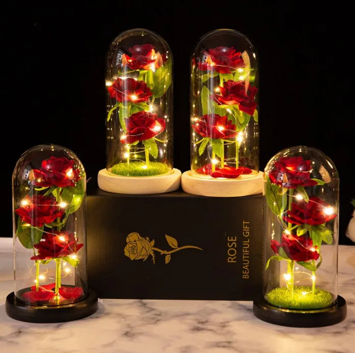 Three Simulated Rose Glass Covers with Dry Bouquets for Mother's Day LED Rose Gift Box