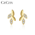 LUOTEEMI Sterling Silver 925 Zircon Ear Ring Woman Summer Trendy Cz Stud Gold Earing for Girl Leaf Earrings