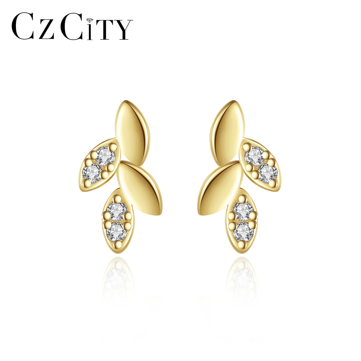 LUOTEEMI Sterling Silver 925 Zircon Ear Ring Woman Summer Trendy Cz Stud Gold Earing for Girl Leaf Earrings