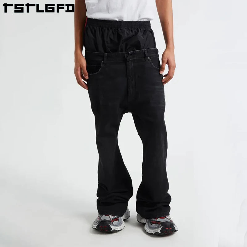 Manufacturer Acid Wash Jeans Oversized Distressed  Denim Pants Custom Double Waist Flare Leg Jeans for Men