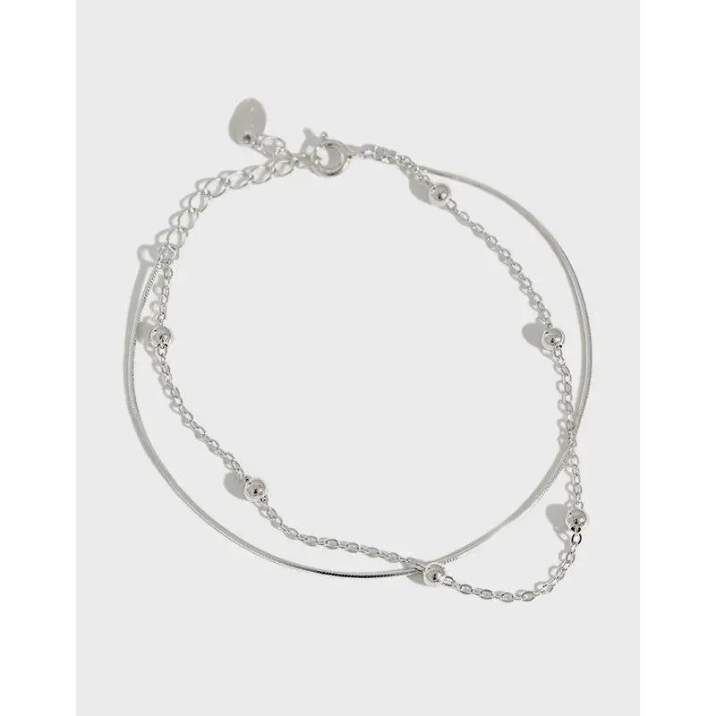 925 Sterling Silver Rhodium Plated Geometric Snake Bone Chain Double Strand Bracelet for Women-Trendy Minimalist Party Gift