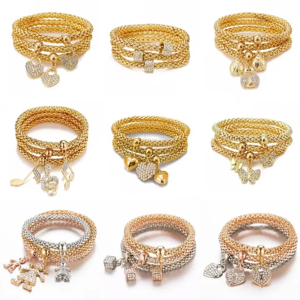 Women's Fashion Charm Bracelets Set 3pcs Crystal Owl Heart Elephant Anchor Pendants Rhinestone Charm Bracelets Bracelets