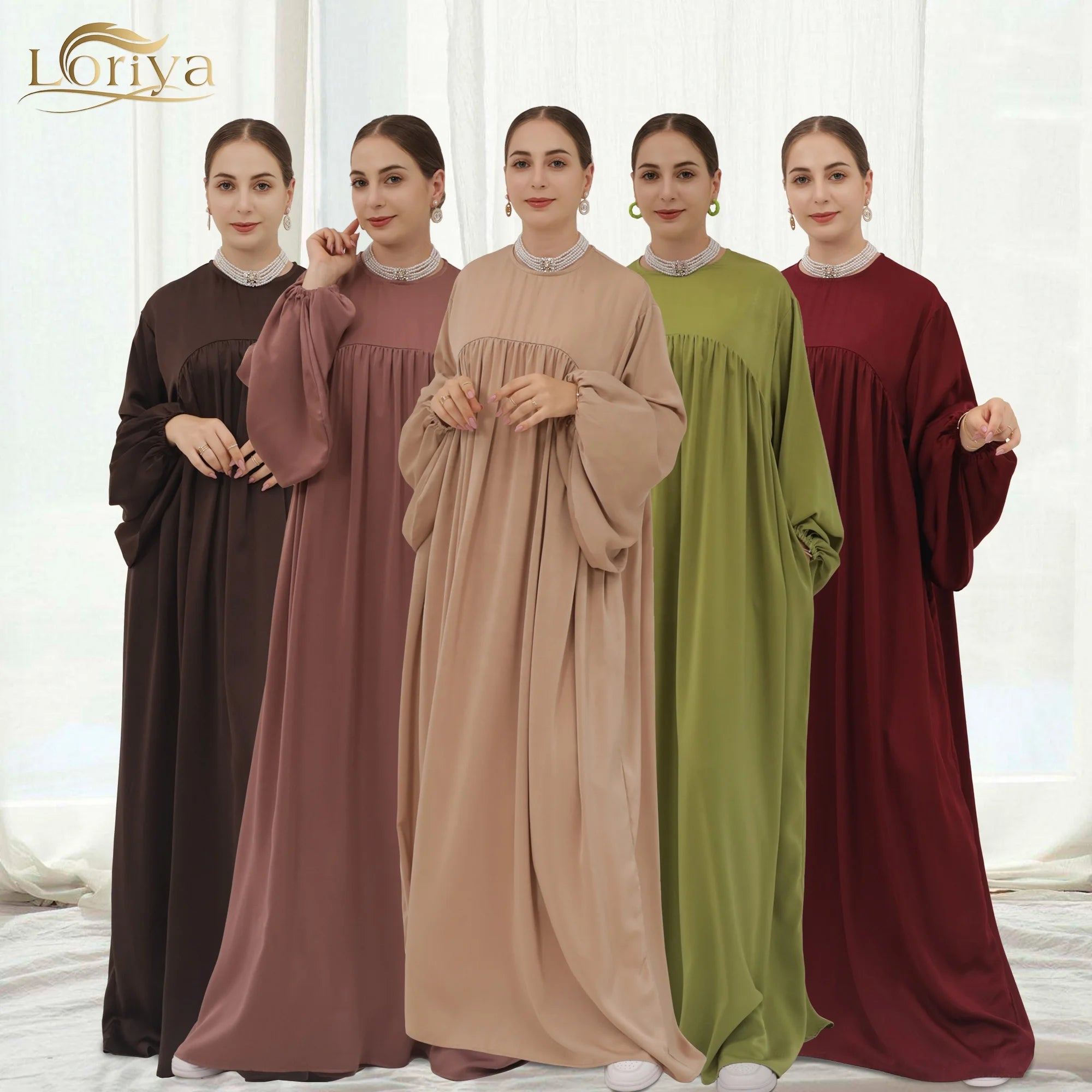 Loriya Closed Abayas Puff Sleeves Dubai Turkey Hijab Dress 2pcs Modest Set Plain Abaya Islamic Clothing for Muslim Women