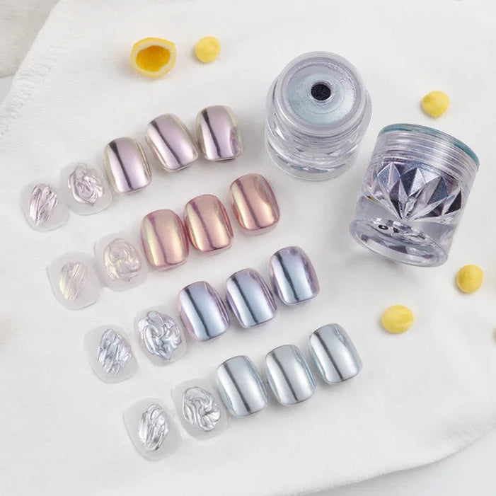 Luxury Mirror Effect Nail Art Powder Magic Clear Moonlight Chrome Pigment with Silk Pearl Glaze for Elegant Nail Design