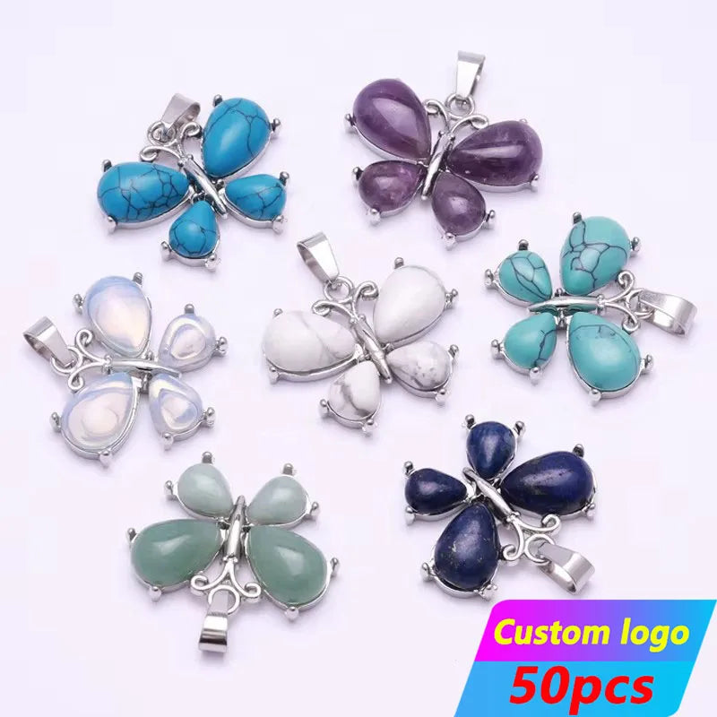 New Design Wholesale Healing Natural Quartz High Quality Gemstone Stone Necklace Charms in Bulk Butterfly Crystal Pendant