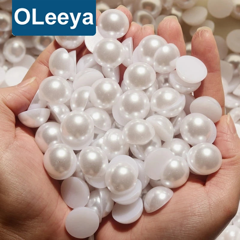Oleeya Pearls 2mm-14mm All Size Colors ABS Plastic Half Round Pearls Flatback Loose White Round Pearls for Handmade DIY