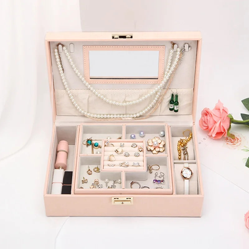 Christmas Hot Sale Wholesale Korean Double Layer Jewelry Storage Box PU Leather Necklace Storage Box Women's Jewelry Box