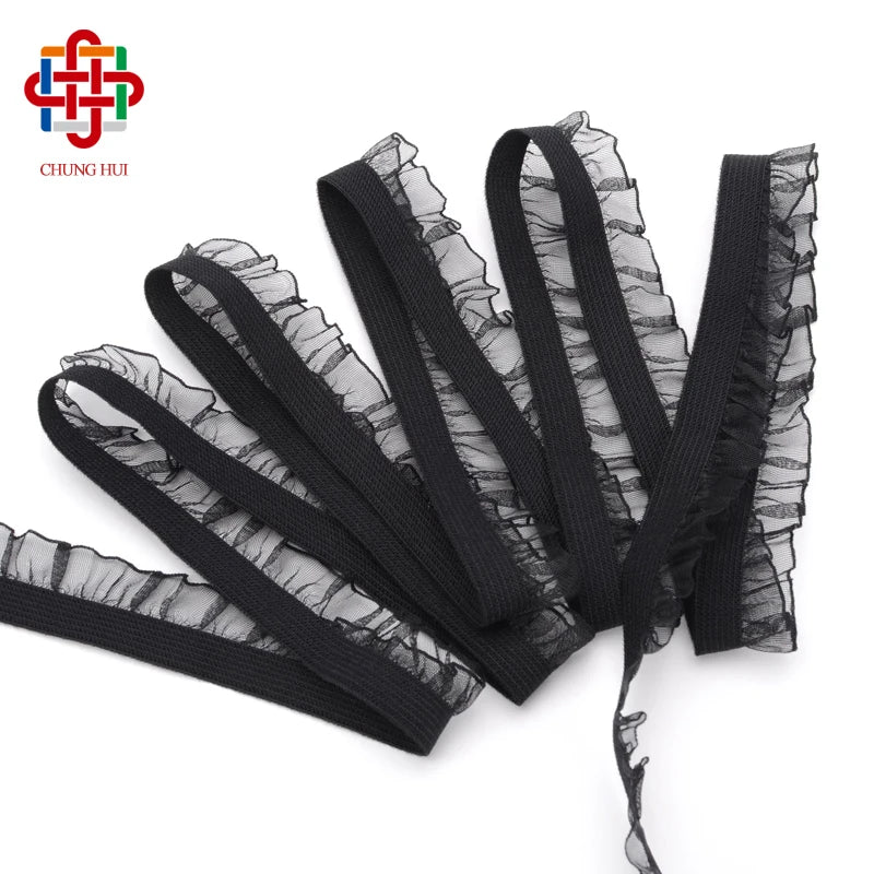 Customize Black Elastic Ruffle Band Lace Trim Ribbon Wedding Dress Clothing Headband Sewing DIY Craft