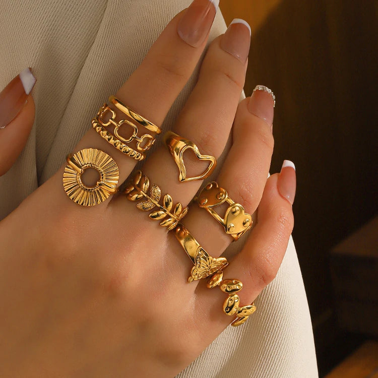 X155 Wholesale Gold Plated Stainless Steel Ring Irregular Geometric Hollow Open Ring Vintage Jewelry for Women