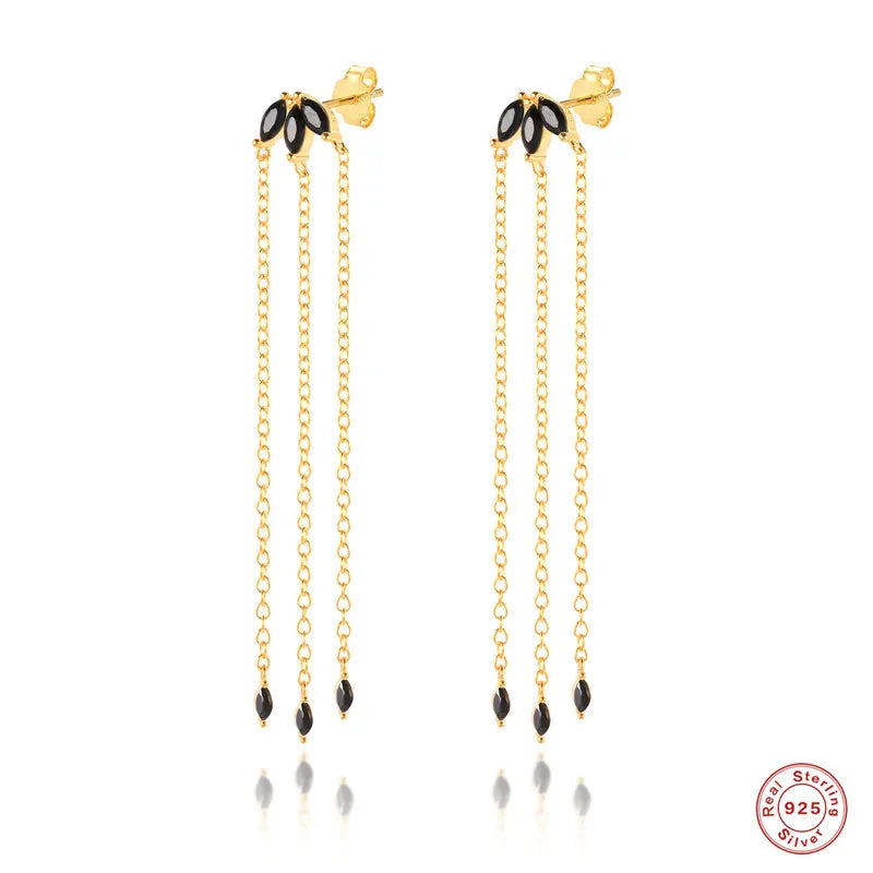 S925 Sterling Silver Stud Earrings with Tassel and Horse Eye Design Zircon Gold/Silver Plated Trendy Unisex