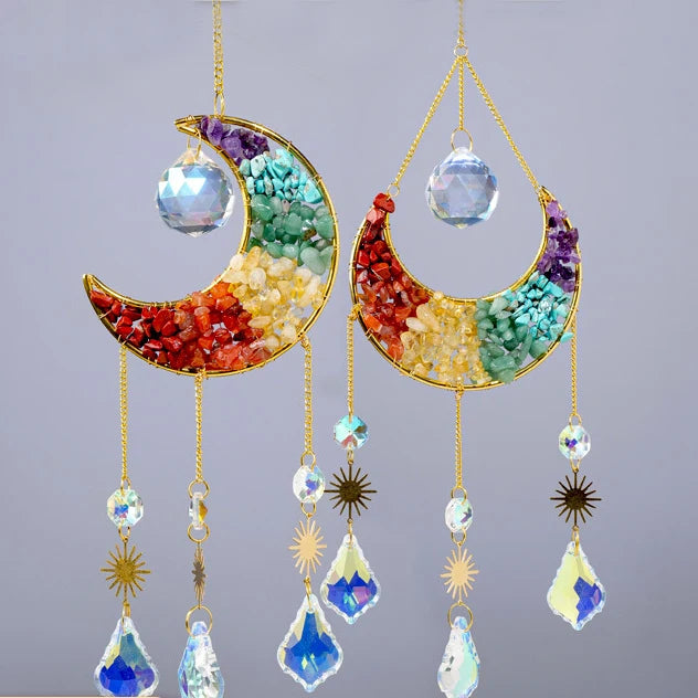 Natural Crystal Chip Moon Sun Catcher Pendant 7 Chakra Chips Eco-Friendly Healing Energy 44-46cm Wind Chime Decoration