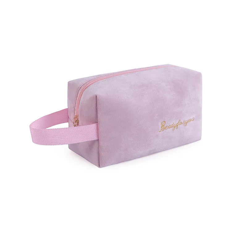 2025 Fashionable Portable Multicolor Square Zipper Custom Storage Flannel Soft Handle Medium Capacity Waterproof Cosmetic Bag