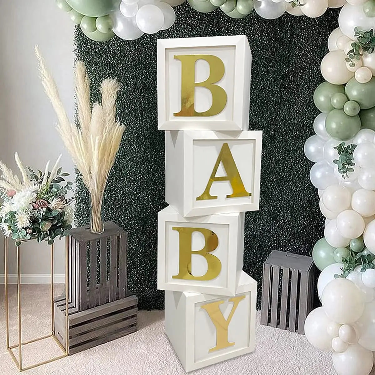 Microstar Stereoscopic White Baby Balloon Boxes with Gold Baby Blocks Party Decorations for Baby Shower & Parties