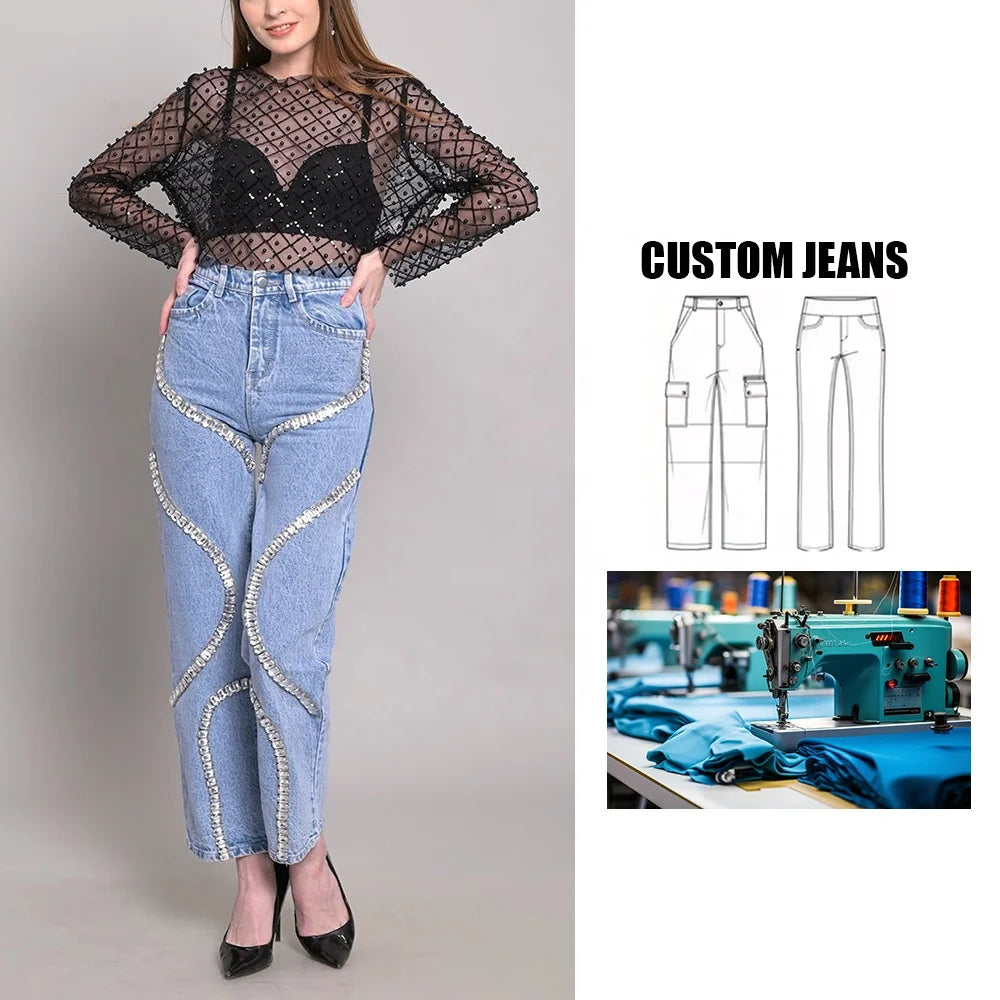 Brand Customization Women's High Waist Rhinestone Patchwork Jeans Wide Leg Pants Straight Long Casual Jeans