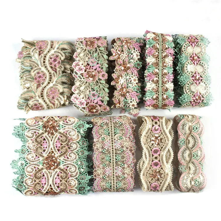 Nylon Lace Trim Water Soluble Embroidery Border Lace Flower Guipure Lace Trim National Costume Sequins Machine Embroidery