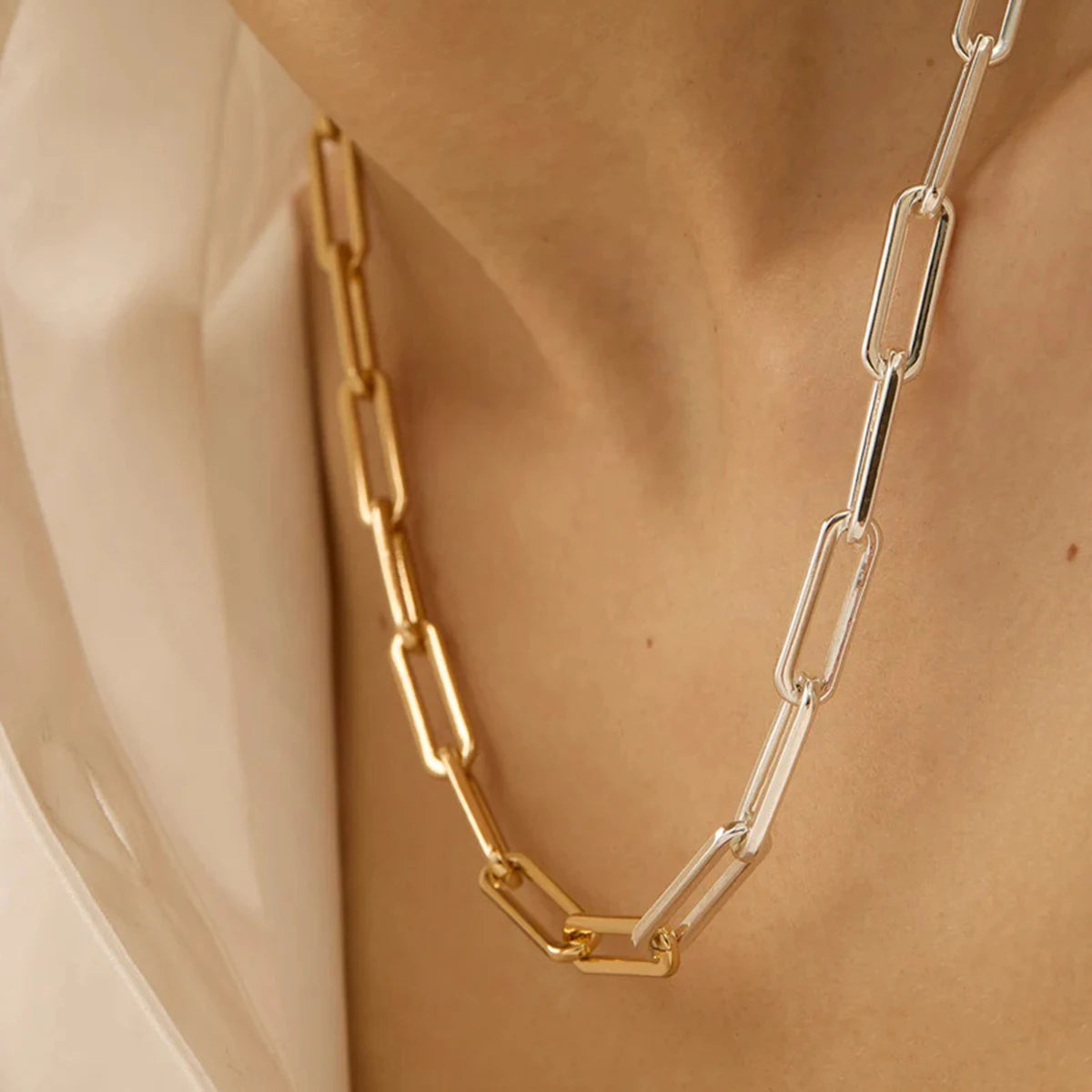 J&D Minimalist 18K Gold Plated Stainless Steel Two-Tone Cross Link Chain Necklaces 40+5cm