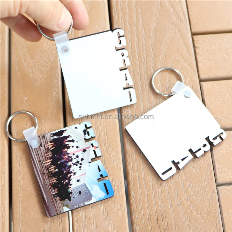 Wholesale Custom Double Sided Printing Glossy White Keyrings Sublimation MDF Blank Grad Keychain for Graduation