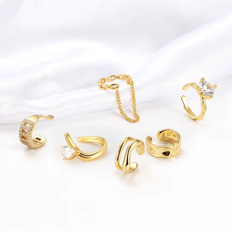 RINNTIN CL 1PCS Clip on Cartilage Non Pierced Sparkling 925 Sterling Silver Ear Cuff Gold Plated Ear Clip Earrings for Women