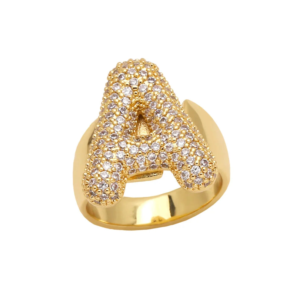 A-Z Bubble Gold Plated Crystal Inlaid Adjustable Trendy Letter Rings Women's Jewelry Gift
