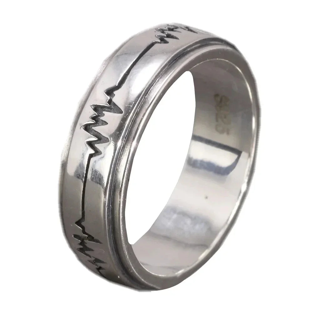 Genuine 925 Sterling Silver Simple Men and Women Engraving ECG Rotatable Retro Hip Hop Large Ring Jewelry