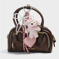 Luxury Bow Plush Teddy Bear Bag Charm Key Chain Mini Leather Heart Animal Pendant Braided Rope Keychain Accessory for Women Bag