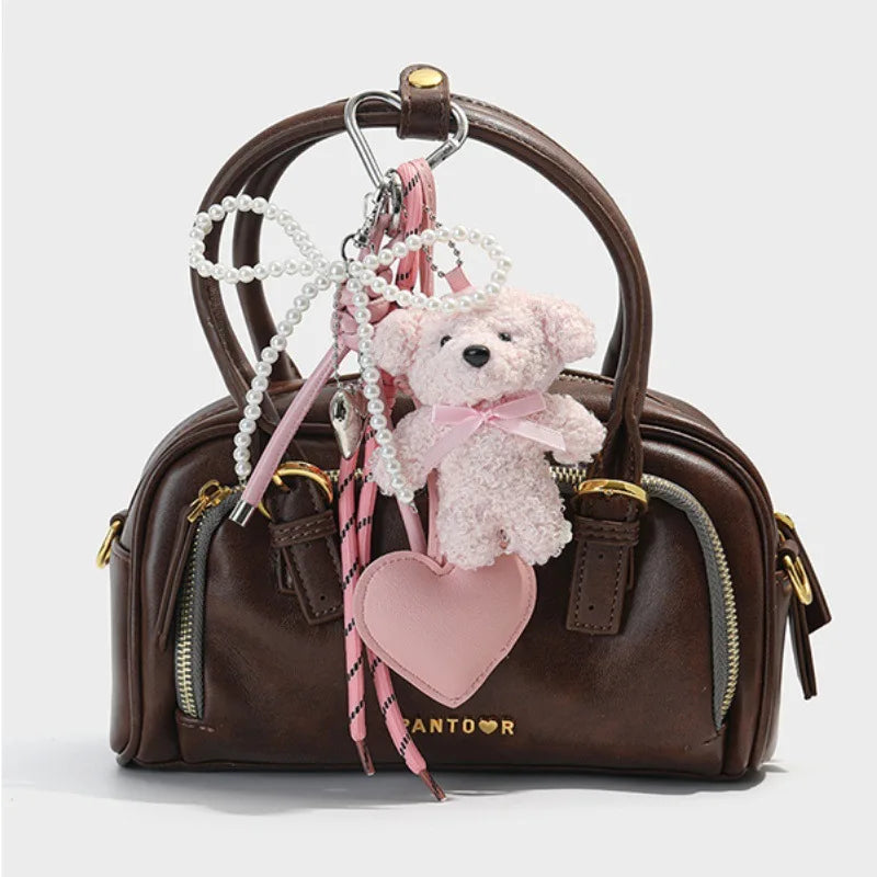 Luxury Bow Plush Teddy Bear Bag Charm Key Chain Mini Leather Heart Animal Pendant Braided Rope Keychain Accessory for Women Bag