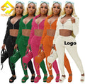 Fengway Custom Solid Casual Knitting Spaghetti Towel Summer Women Clothing Crop Hoodies 2 Piece Jogger Set