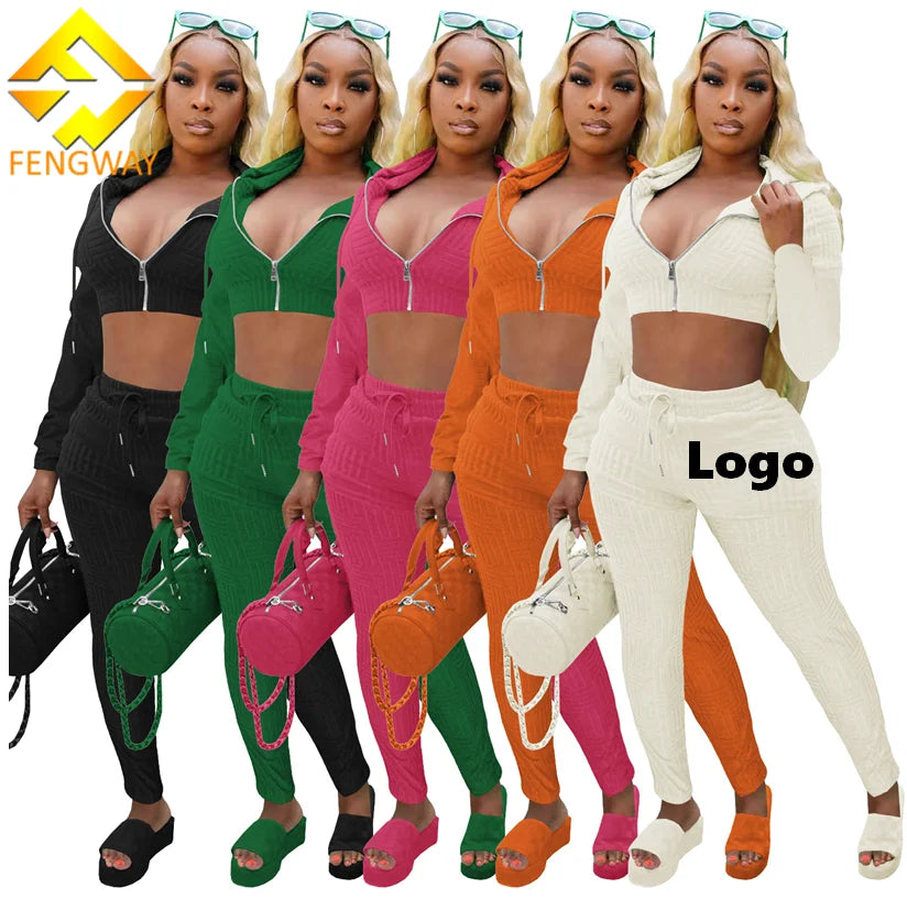 Fengway Custom Solid Casual Knitting Spaghetti Towel Summer Women Clothing Crop Hoodies 2 Piece Jogger Set