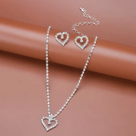 Bling Simple Style Rhinestone Necklace Earrings Set for Women Wedding Jewelry Heart Pendant Necklace Earring Bridal Gift Party