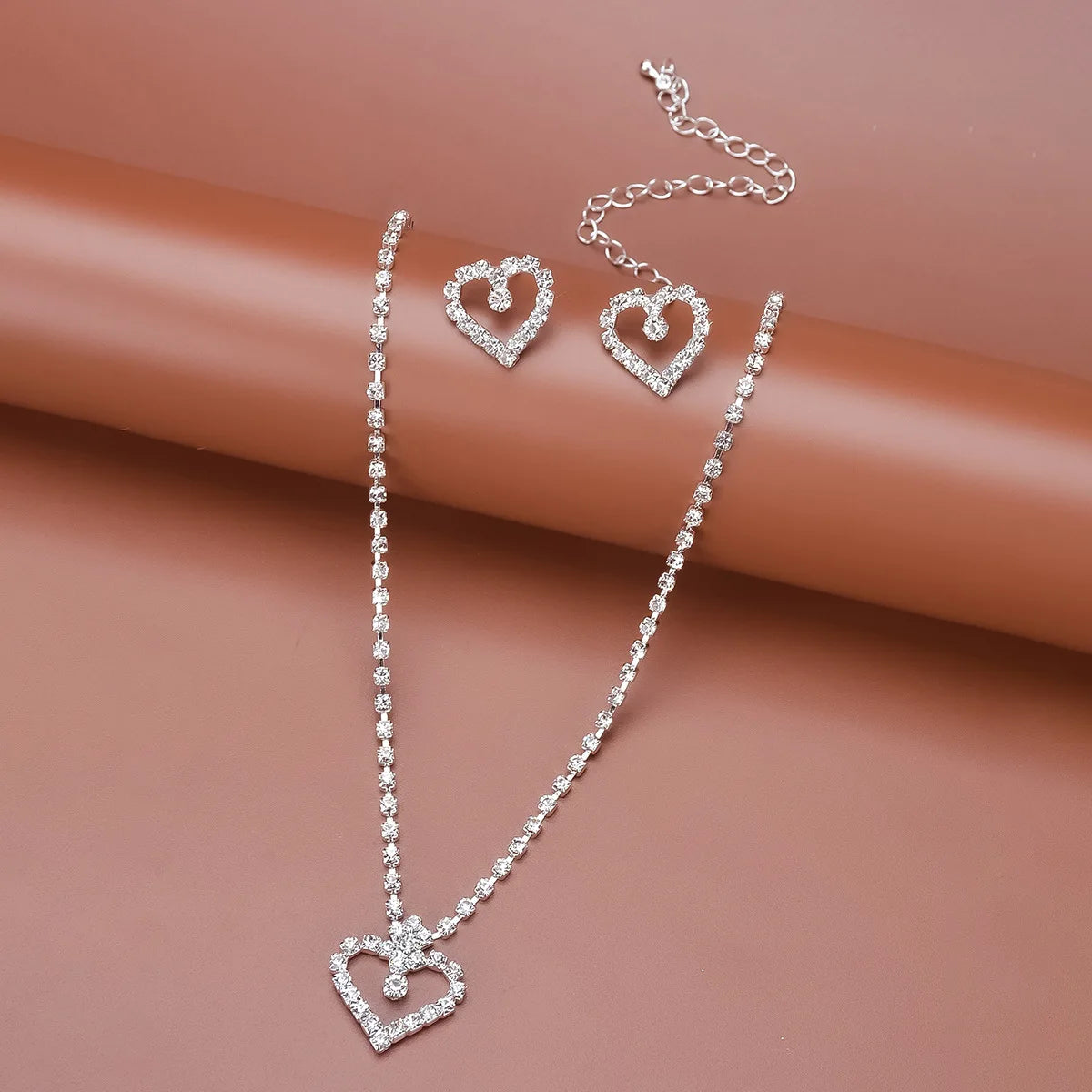 Bling Simple Style Rhinestone Necklace Earrings Set for Women Wedding Jewelry Heart Pendant Necklace Earring Bridal Gift Party