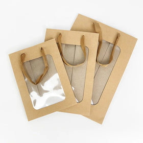 Custom Size Color logo Food Bread Cake Tote Open Window Bags Shopping Kraft Paper Handle Bag with Pvc Window