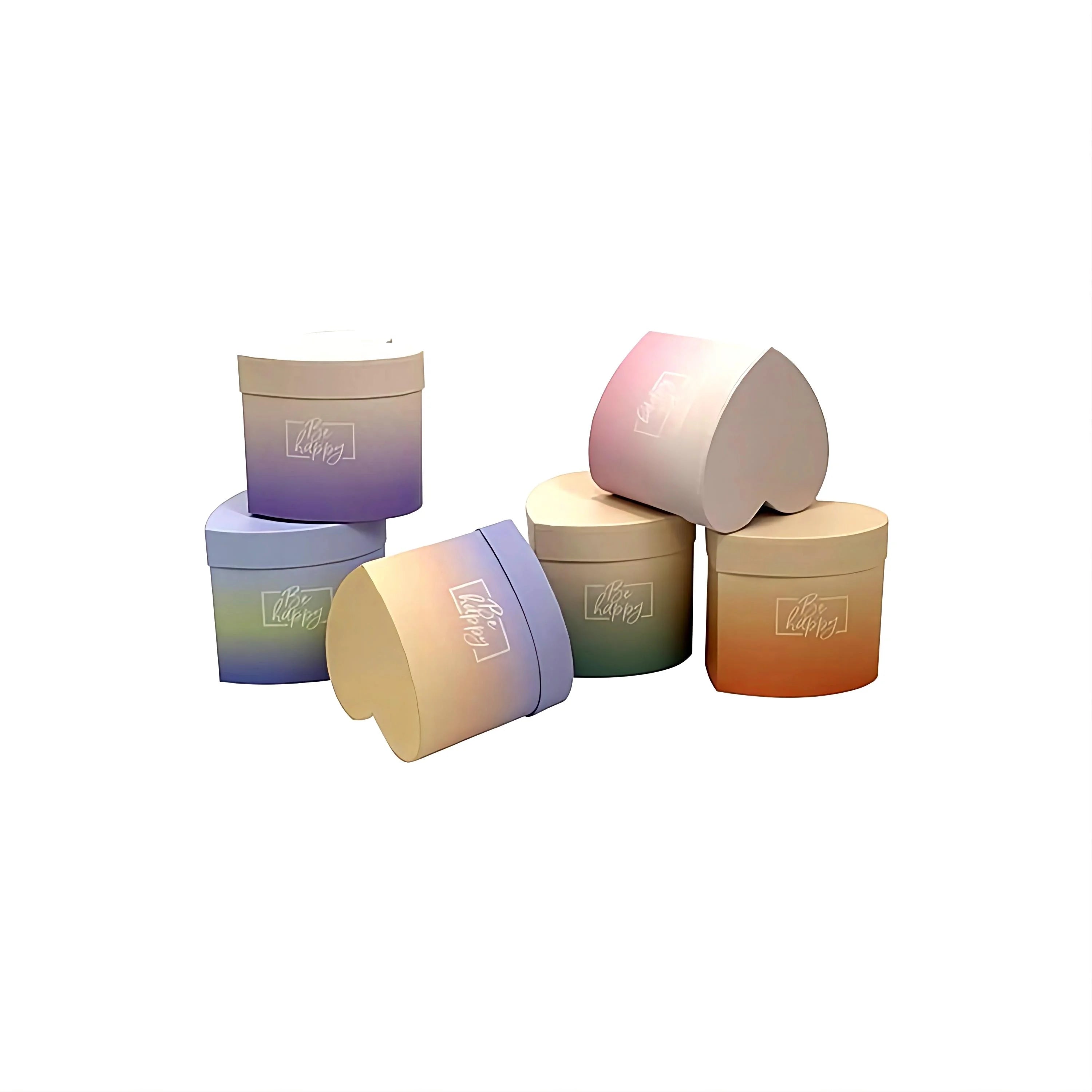 Small Heart Shape Flower Box with Gentle Gradual Colors Round Gift Box Bucket Box for Flowers with Embossing Printing Handling