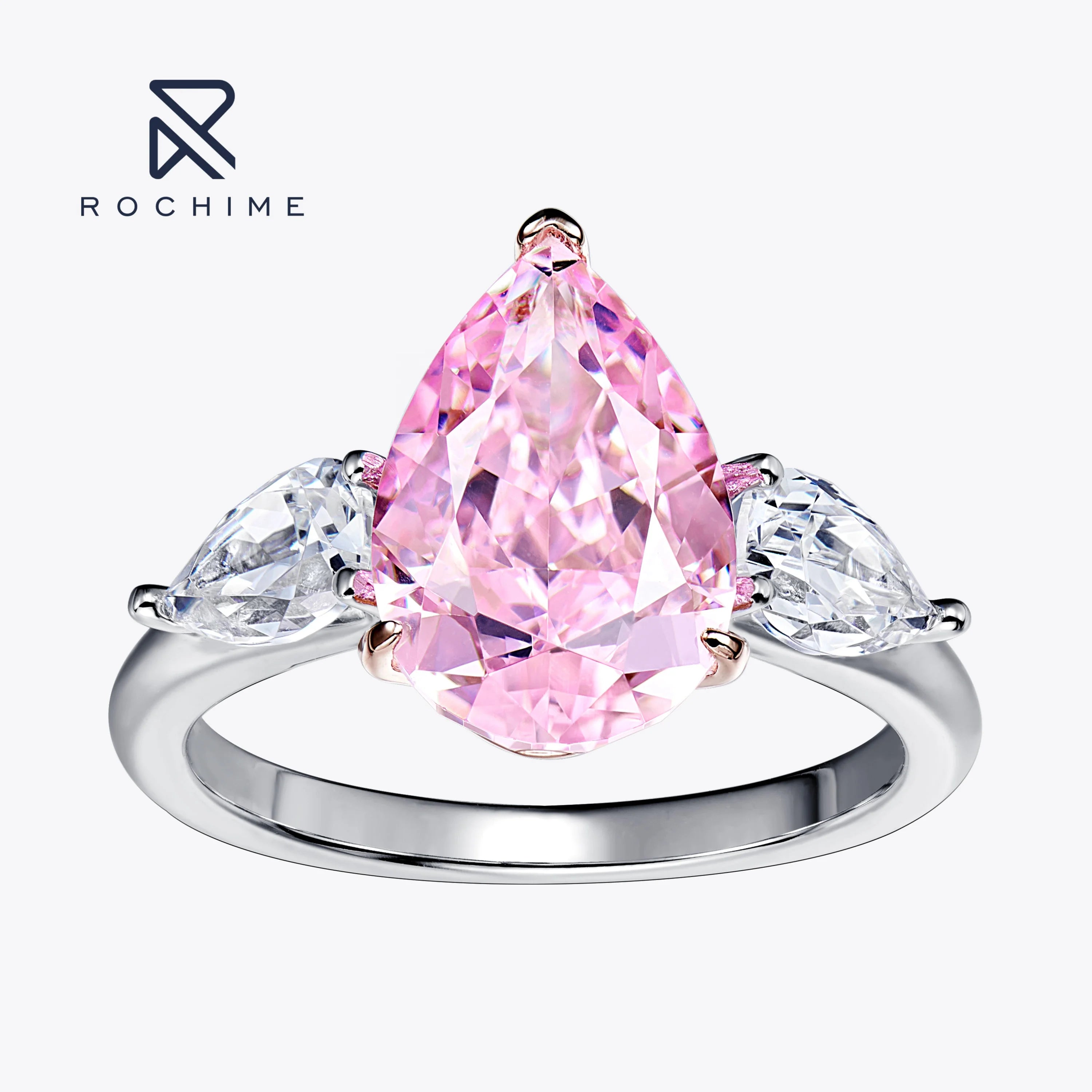 Rochime Water Drop pink Yellow Color Gemstone Ring Pear Cut 925 Sterling Silver Rhodium Plated  Jewelry for Women