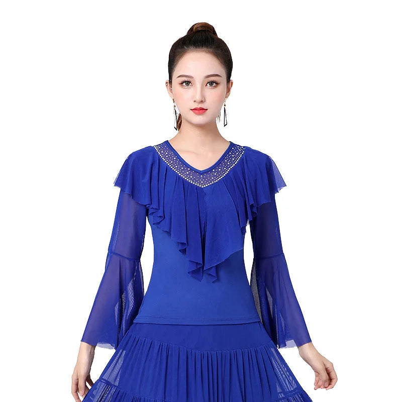 V Neck Long Sleeve Ballroom Latin Dance Practice Training Horn Sleeve Polyester Breathable Blouse Top for Adult