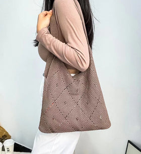 Casual Knitted Logo Tote Shoulder Bag Ladies Handmade Crochet Handbags Purse for Beach and Travel Use