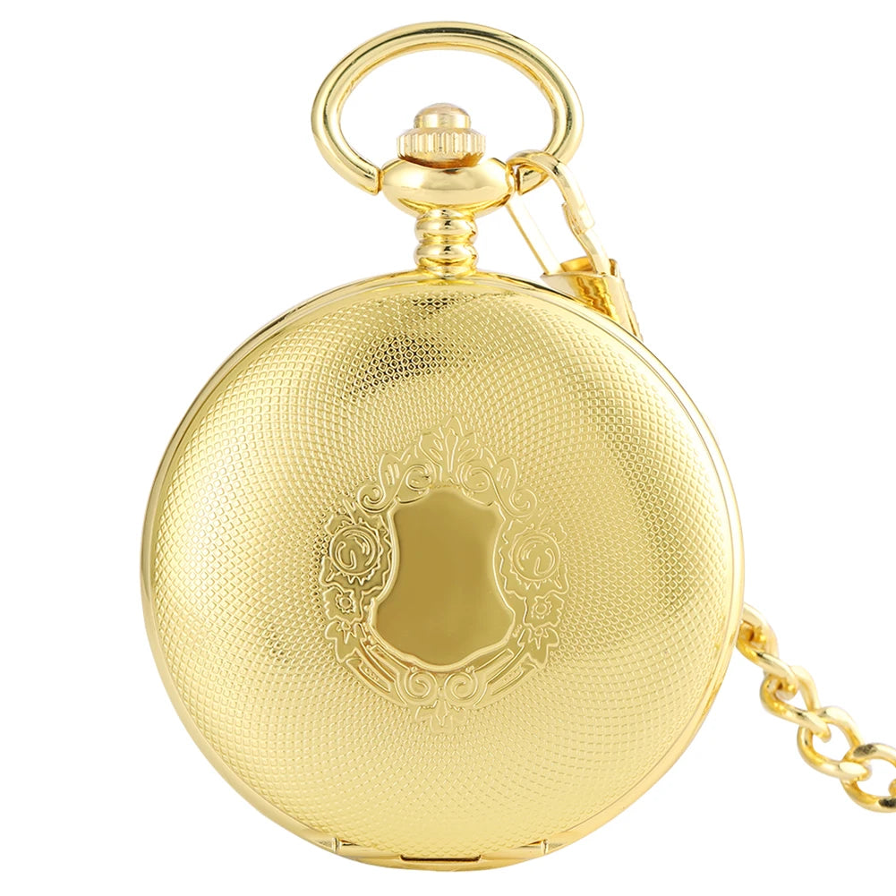 Luxury Golden Shield Self-Winding Steampunk Gear Skeleton Automatic Mechanical Pocket Watch with Chain for Men Grandad Gift