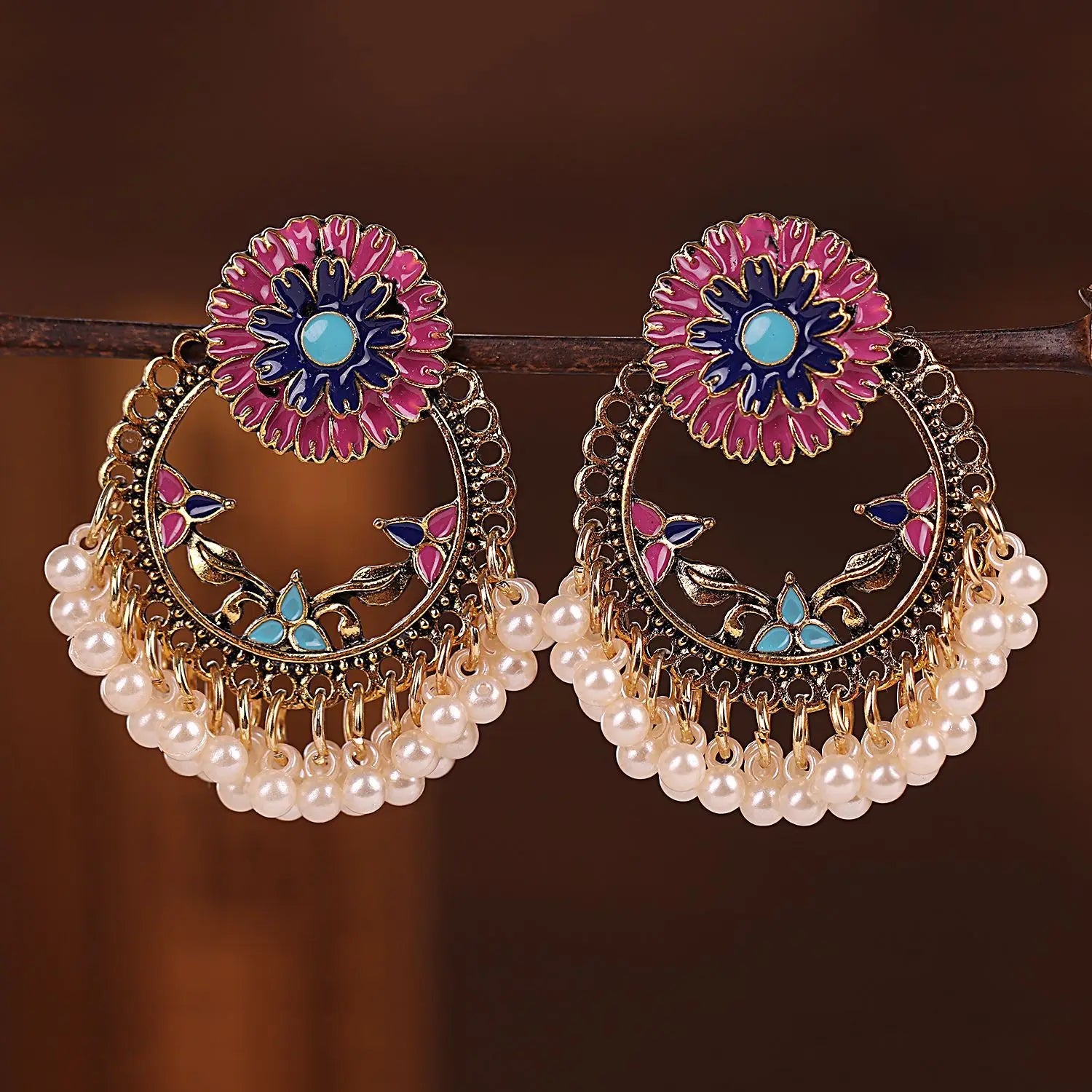 Bohemian Vintage Fine Jewelry Stud Earrings Colorful Enamel Tassel Earrings Flower Earrings for Women