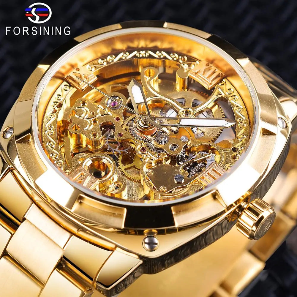 Forsining Retro Men's Automatic Mechanical Top Brand Luxury Full Golden Design Luminous Hands Clock Male