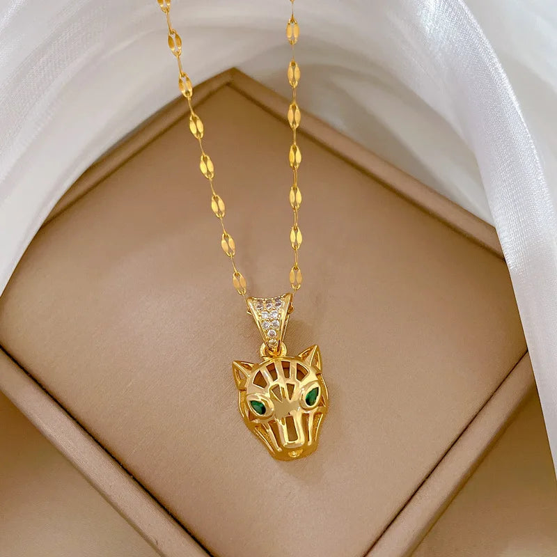 Punk Design Hollow Gold Plated Leopard Head Pendant Necklace Stainless Steel Chain Animal Leopard Necklace