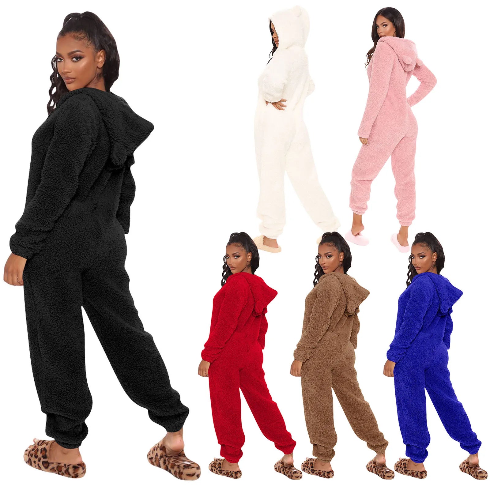 Plus Size One Piece Winter Hooded Teddy Cute Sleepwear Fuzzy Pjs Plush Warm Velour Pajamas Velvet Jumpsuit Lounge Wear for Women