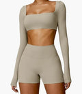 Workout Sets for Women 2 Piece Square Neck Long Sleeve Crop Tops High Waist Biker Shorts Gym Sets