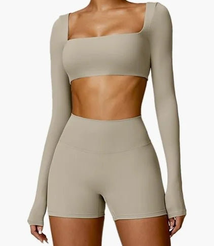 Workout Sets for Women 2 Piece Square Neck Long Sleeve Crop Tops High Waist Biker Shorts Gym Sets