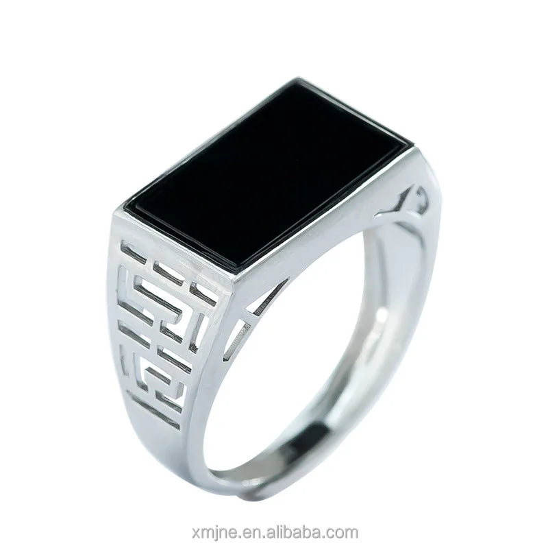 S925 Silver Inlaid Natural Ink Emerald Grade a Jadeite Ink Jade Saddle Ring Men's Ring Jade Fashion Ring Adjustable 2
