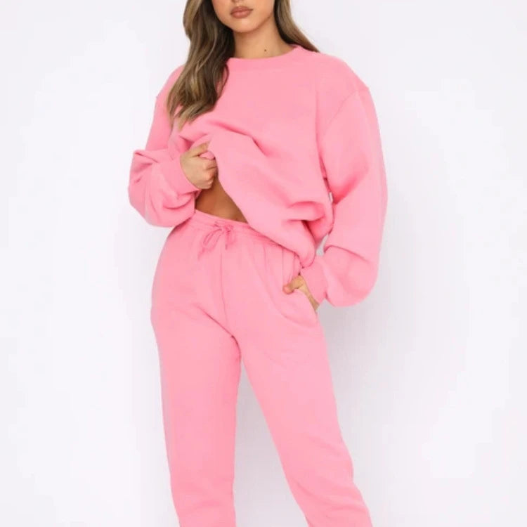 Solid Color Round Neck Pullover Pants Women Fashion Casual Long Sleeve Sweater Two Piece Set